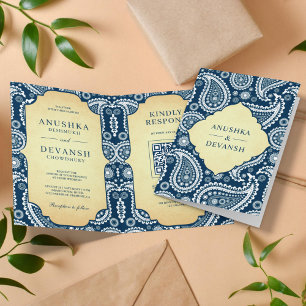 Invitación Boda de código QR indio de Paisley azul de la mari