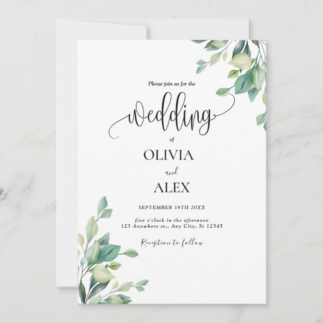 Invitación Boda de código QR manuscrito de eucalipto simple (Anverso)