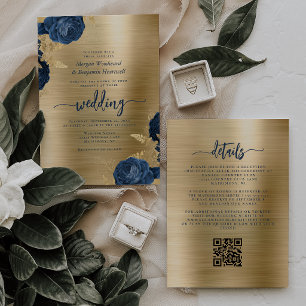 Invitación Boda de código QR metálico dorado floral azul mari