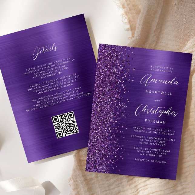 Invitación Boda de código QR Metalizado cepillado de púrpura  (Subido por el creador)