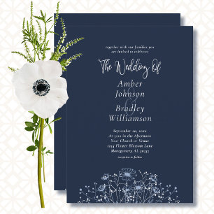 Invitación Boda de código QR mínimo de floral blanca azul de 