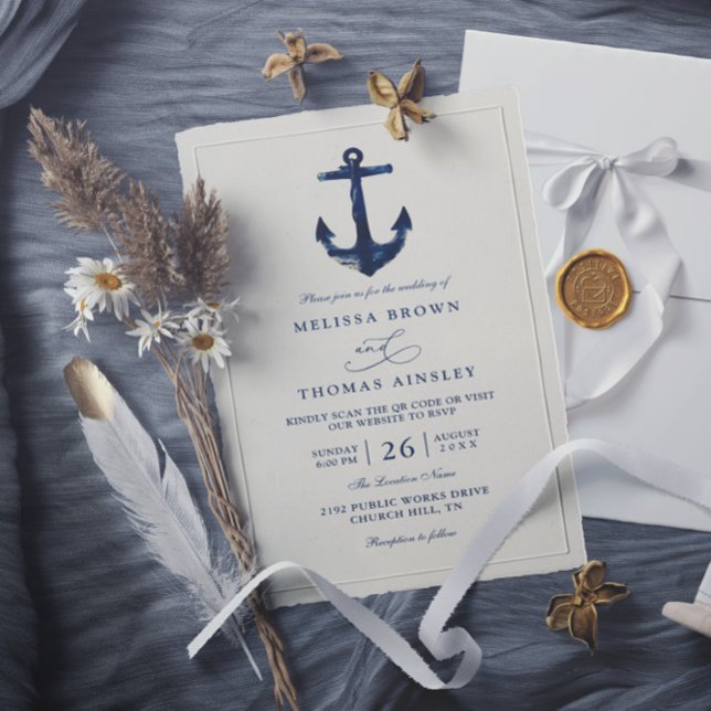 Invitación Boda de código QR moderno chic azul ancla náutica (Subido por el creador)
