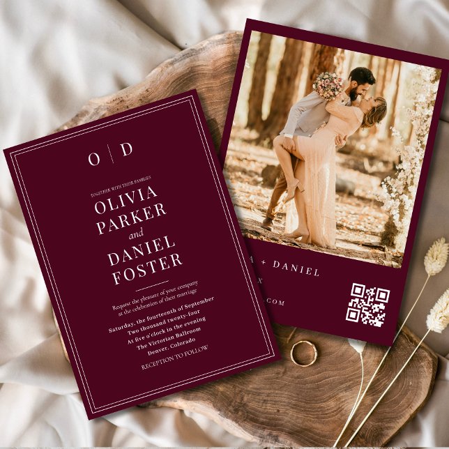 Invitación Boda de código QR moderno de foto en Borgoña (Subido por el creador)