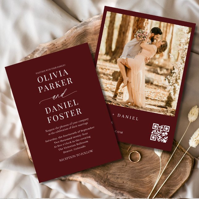 Invitación Boda de código QR moderno de foto en Borgoña (Subido por el creador)