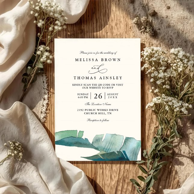 Invitación Boda de código QR moderno elegante verde hoja de p (Subido por el creador)