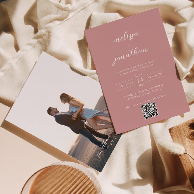 Invitación Boda de código QR moderno Rubor Pink Photo Script (Subido por el creador)