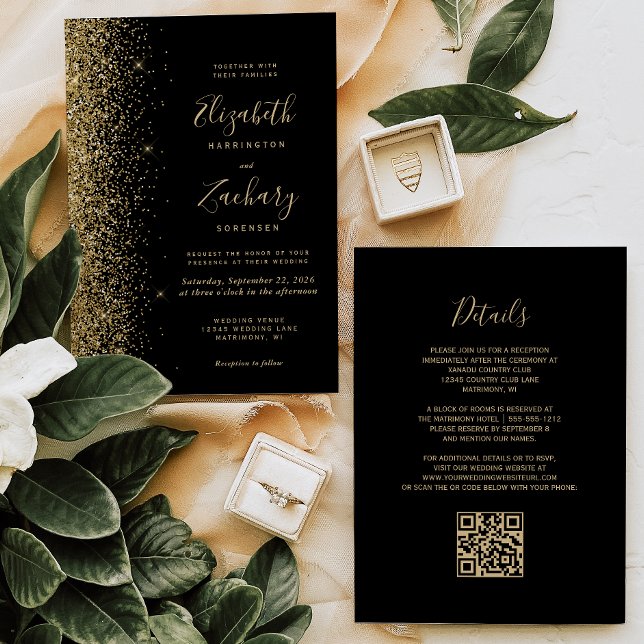 Invitación Boda de Código QR Negro con Brillo Dorado Moderno (Subido por el creador)