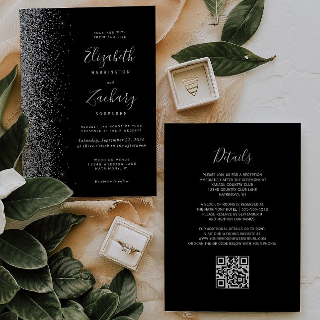 Invitación Boda de código QR negro con brillo plateado modern (Subido por el creador)