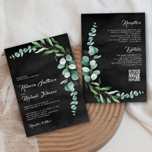 Invitación Boda de código QR negro de la rama Eucalyptus