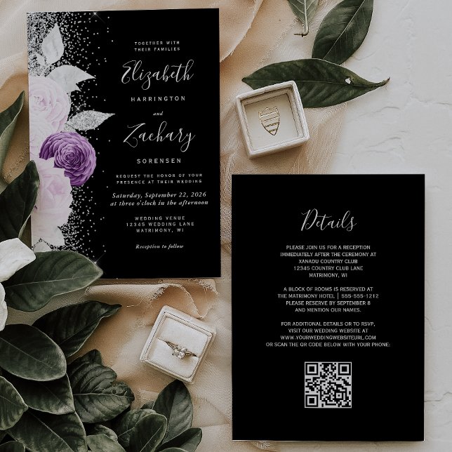 Invitación Boda de código QR negro Purpurina Plata morada flo (Subido por el creador)