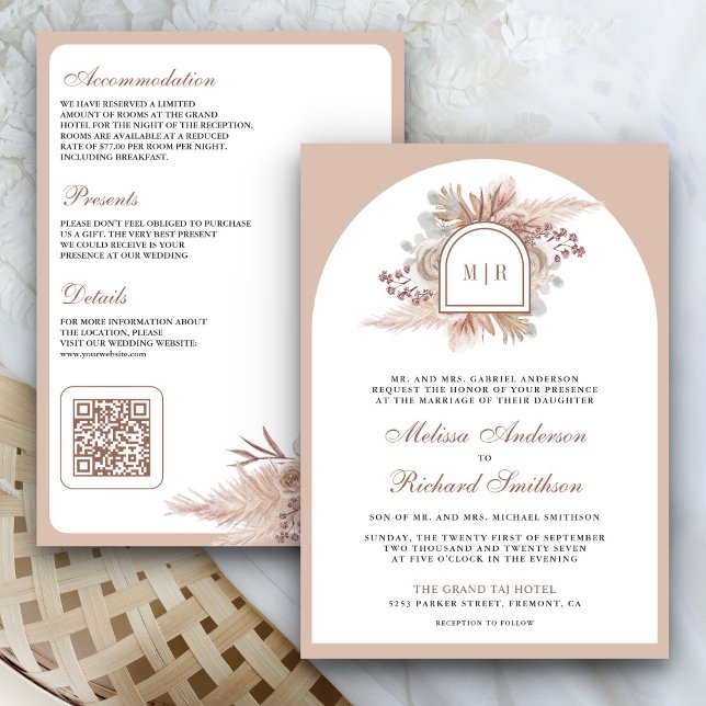 Invitación Boda de código QR Neutral Beige Floral Boho Pampas (Subido por el creador)
