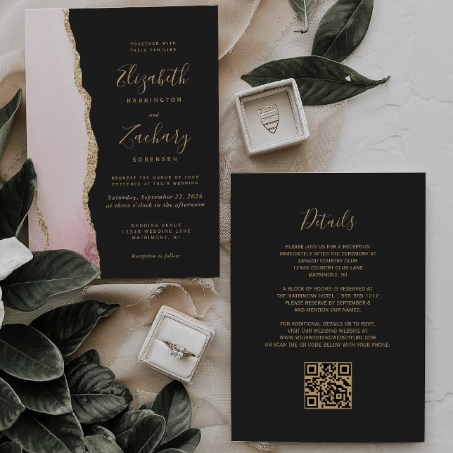 Invitación Boda de código QR oscuro de ágata dorada rosa mode (Subido por el creador)