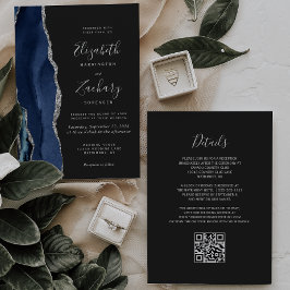 Invitación Boda de código QR oscuro de ágata plateada azul ma