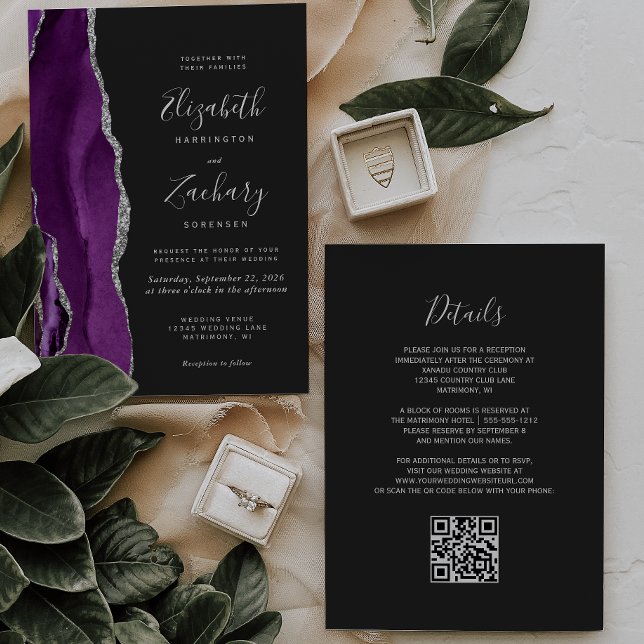 Invitación Boda de código QR oscuro de Agate de plata morada  (Subido por el creador)