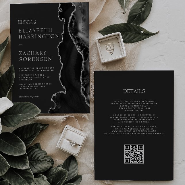 Invitación Boda de código QR oscuro de Agate de plata negra (Subido por el creador)
