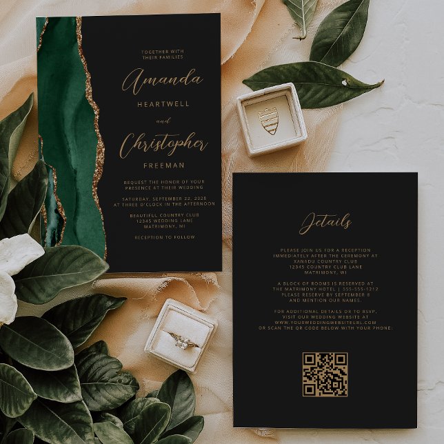 Invitación Boda de código QR oscuro de Emerald Green Gold Aga (Subido por el creador)