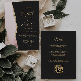 Invitación Boda de código QR oscuro de la Agate Gold Rosa de