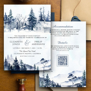 Invitación Boda de código QR para bosques de pino de invierno