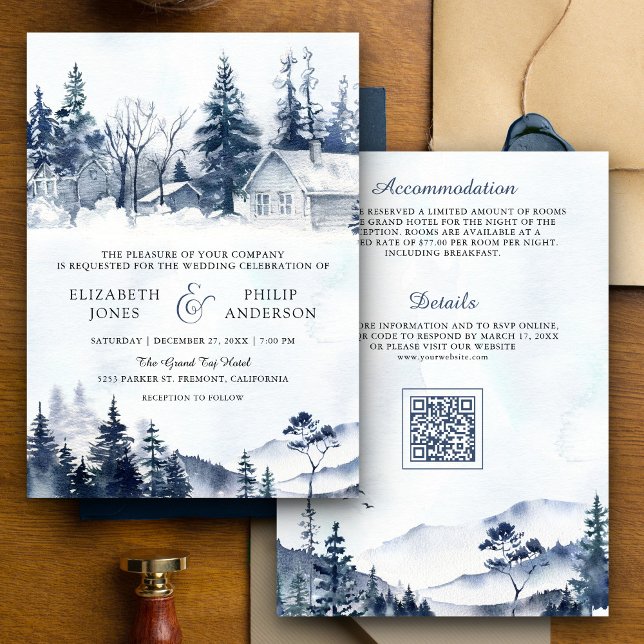 Invitación Boda de código QR para bosques de pino de invierno (Subido por el creador)