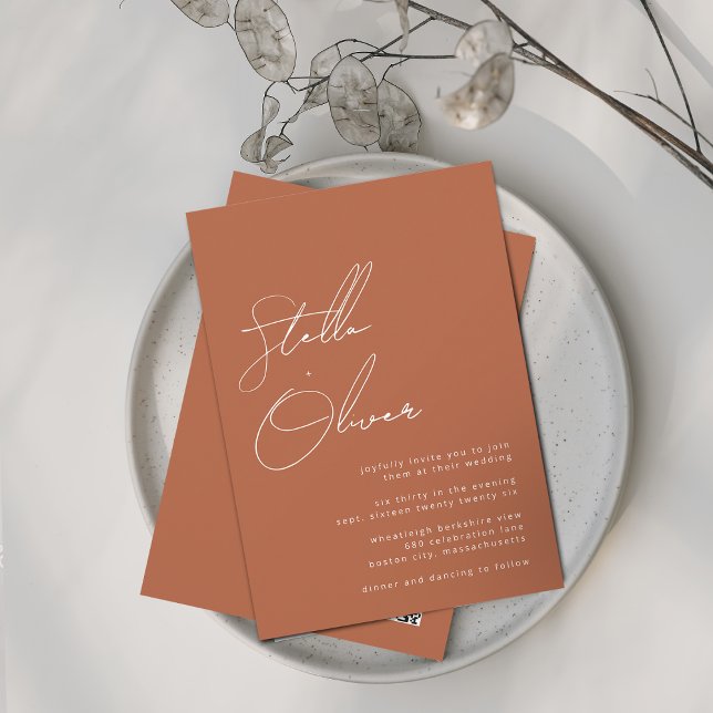 Invitación Boda de código QR para caligrafía de terracota rus (Rustic Terracotta Calligraphy QR Code Wedding Invitation)