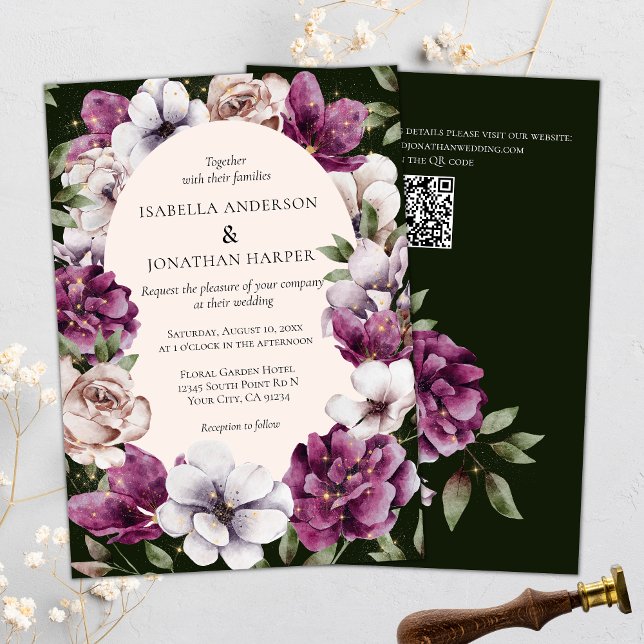 Invitación Boda de código QR para las floras púrpura de vino  (Subido por el creador)