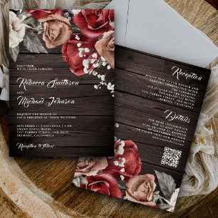 Invitación Boda de código QR para Rosas de Borgoña de Madera