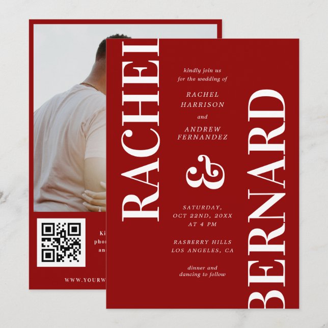 Invitación Boda de código QR para tipografía roja elegante (Anverso / Reverso)