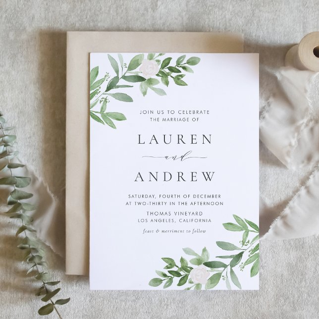 Invitación Boda de código QR para vegetación romántica y flor (Romantic Greenery and White Flowers QR Code Wedding Invitation)