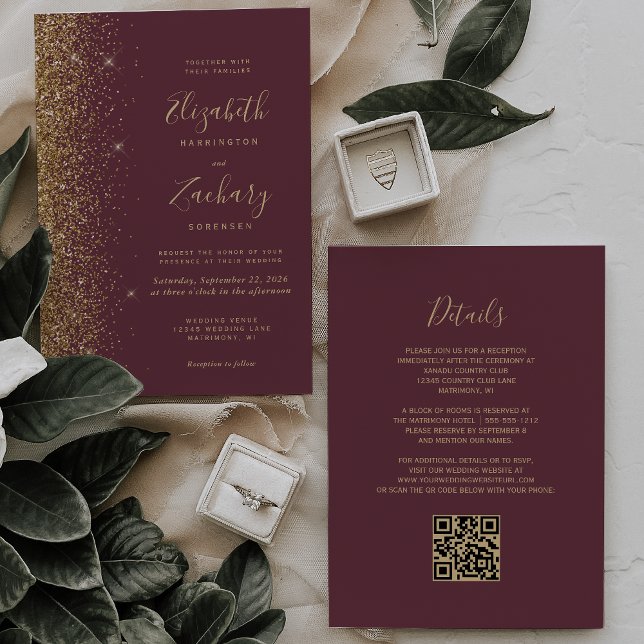 Invitación Boda de código QR, Purpurina de oro oscuro y moder (Subido por el creador)