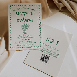 Invitación Boda de código QR Quirky con mano verde retro