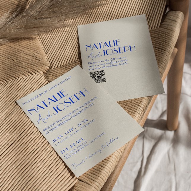 Invitación Boda de código QR retro francés azul moderno (Subido por el creador)
