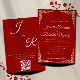 Invitación Boda de código QR rojo de ruby monocromático vinta