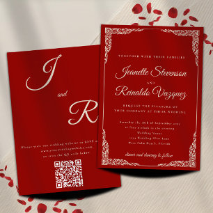 Invitación Boda de código QR rojo de ruby monocromático vinta