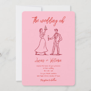 Invitación Boda de código QR rojo y rosa dibujado a mano