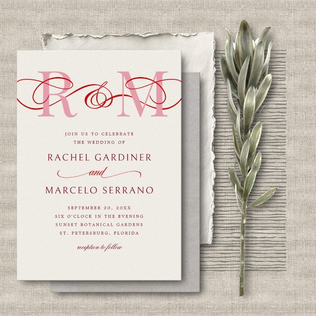 Invitación Boda de código QR rosa rojo y Ampersor monograma (Subido por el creador)