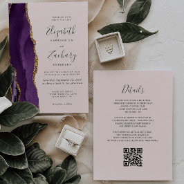 Invitación Boda de código QR rosado de Rubor Purple Gold Agat