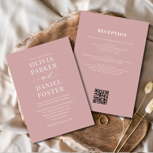 Invitación Boda de código QR rosado todo en un Rosa polvorien (Subido por el creador)