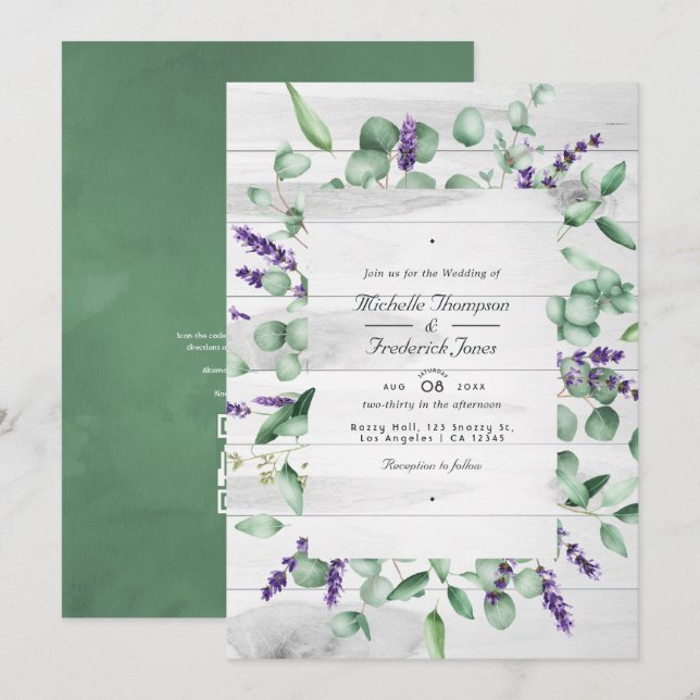 Invitación Boda de código QR RSVP de vegetación de lavanda de (Anverso / Reverso)