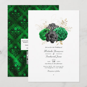Invitación Boda de código QR RSVP Floral Esmeralda Oscuro y D