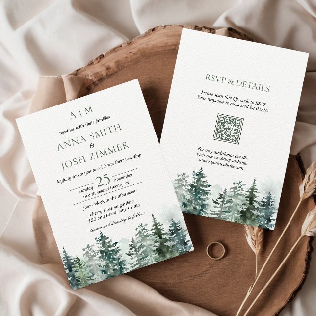 Invitación Boda de código QR Rústico de Pine Tree Forest (Rustic Pine Tree Forest Mountains Wedding Invitation with QR Code All in one)