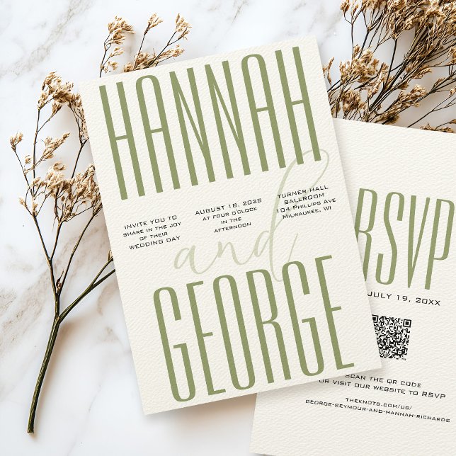 Invitación Boda de código QR Sage Green & Ecru sencillo (Modern ecru textured wedding invitation, sage green bold typography with elegant script calligraphy )