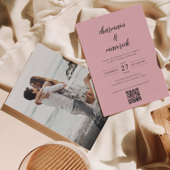 Invitación Boda de código QR simple con guión rosa de Rubor (Subido por el creador)
