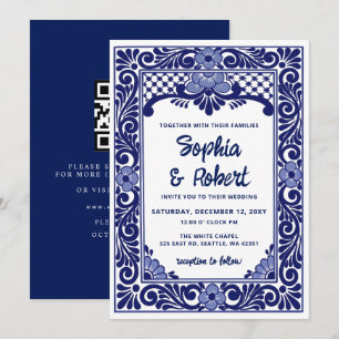 Invitación Boda de código QR Talavera azul mexicana
