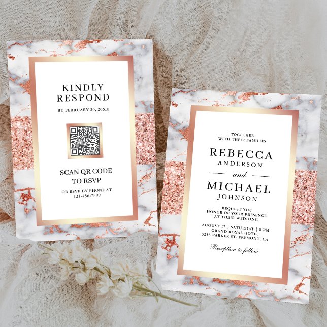 Invitación Boda de código QR todo en uno de mármol blanco dor (Subido por el creador)