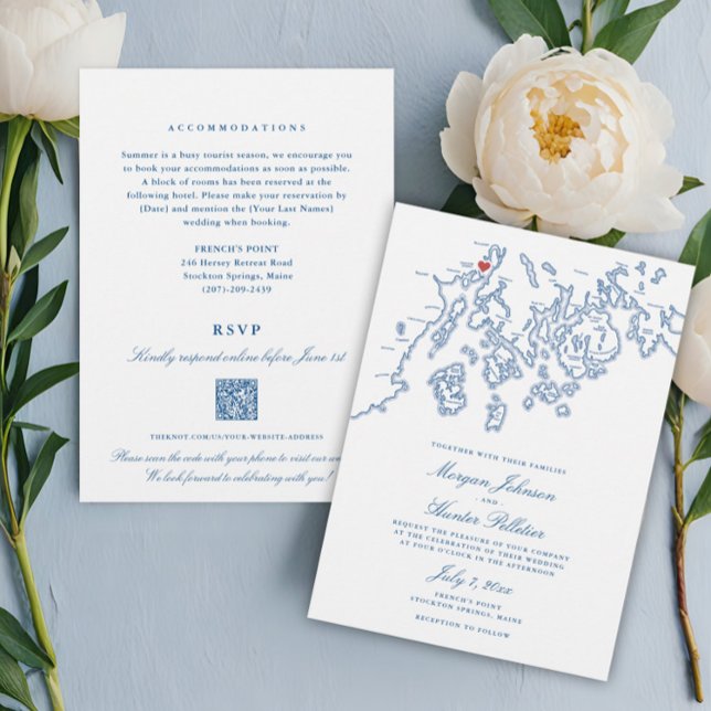 Invitación Boda de código QR "todo en uno" en francés (French's Point Maine All-in-one QR code RSVP Wedding Invitation with navy blue Stockton Springs map)