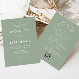 Invitación Boda de código QR todo en uno verde salvia moderno