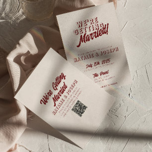 Invitación Boda de Código QR Único y Negrita Retro Rojo Profu
