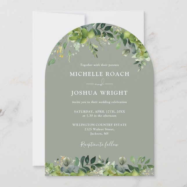 Invitación Boda de código QR verde de arca floral verde (Anverso)