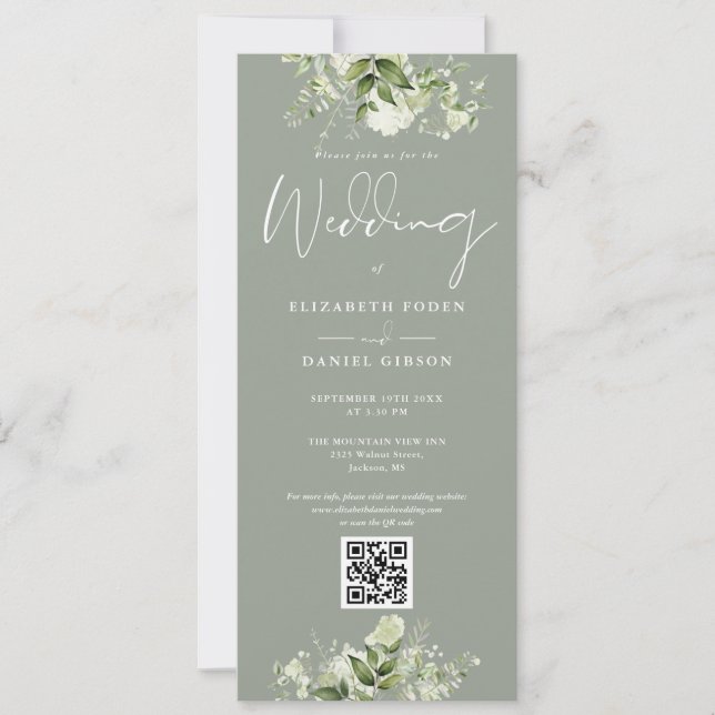 Invitación Boda de código QR verde de la salchicha floral de  (Anverso)