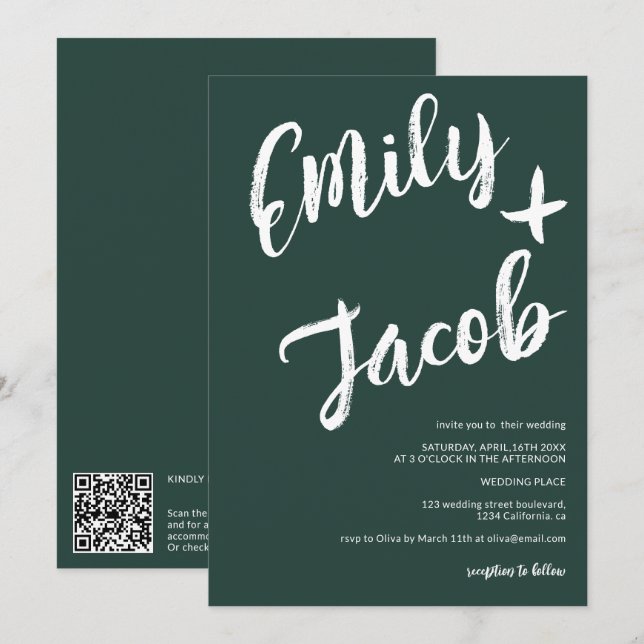 Invitación Boda de código qr verde de nombres de pincel moder (Anverso / Reverso)
